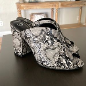 BP snakeskin heeled peel toe mule